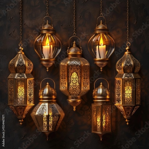Elegant Golden Moroccan Lanterns with Candles Hanging Decor Festive Ramadan