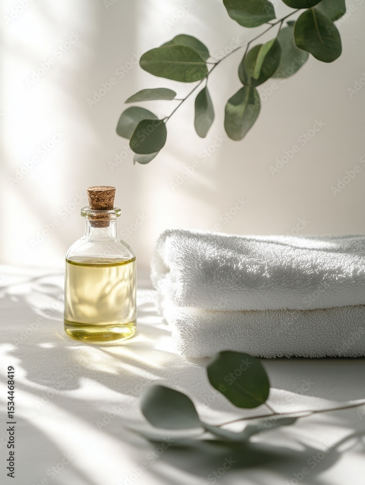 White towel and eucalyptus oil in a spa setting on white background Close-up photo with clean background White towel and eucalyptus oil in a spa setting on white background Close-up photo with clean background