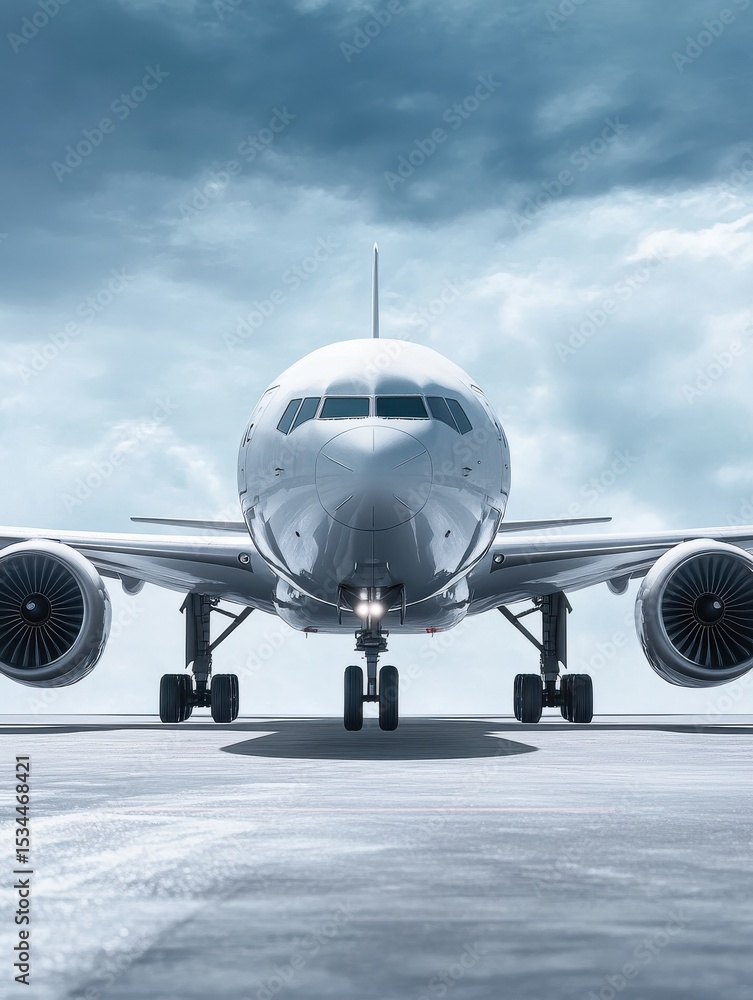 Fototapeta premium Airplane Landing Front View Airliner Approach Front View Jet Aircraft Commercial Flight Transportation