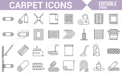 Collection of simple vector icons representing carpet, rug cleaning, and home maintenance tools.