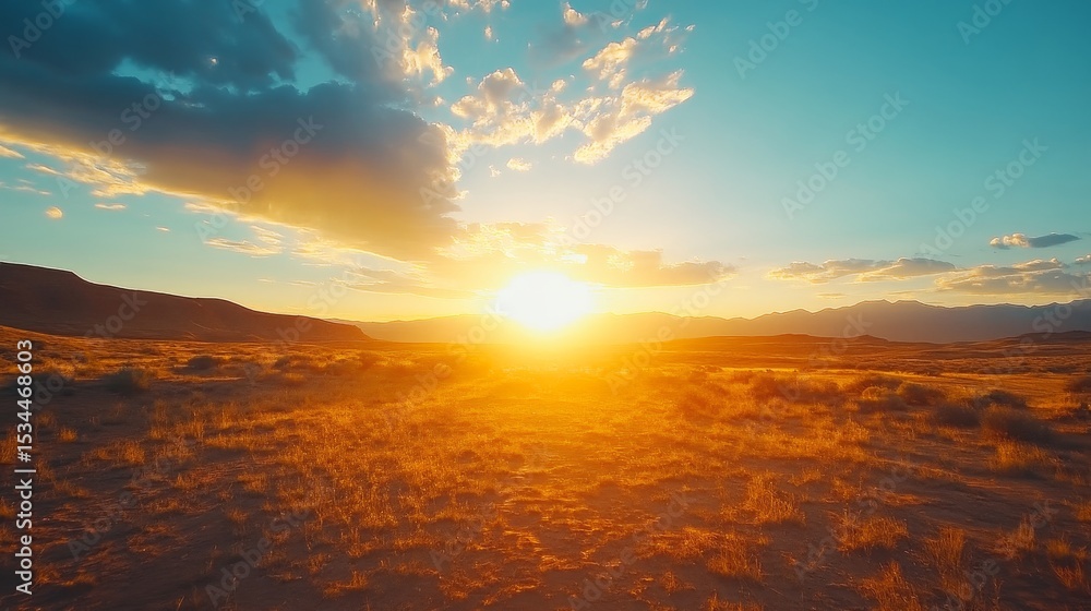 Fototapeta premium Breathtaking Sunset Over the Open Grassland With Vibrant Colors Illuminating the Sky and Distant Mountains During a Clear Evening
