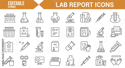 Simple vector icons for laboratory and research reports, including test tubes, syringes, and medical equipment.