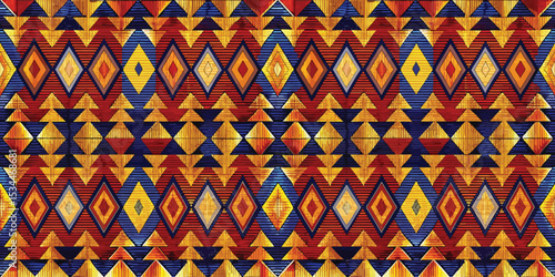 Vibrant geometric patterned textile showcasing bold colors and intricate designs.