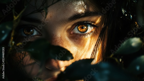 Mysterious Gaze of a Person Hidden Among the Lush Foliage During Golden Hour, Capturing the Essence of Nature and Intrigue in a Vibrant Setting
