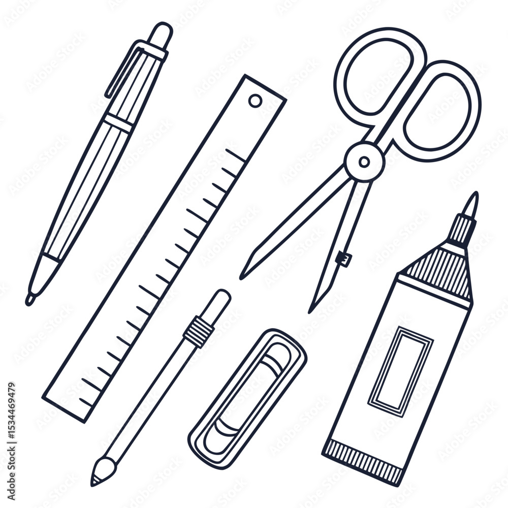 Obraz premium Black Line Art School Stationery Icon Set Pen Ruler Scissors Sharpener Marker Eraser
