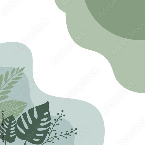 Elegant Green Botanical Background: Organic Shapes & Tropical Leaves Biophilic vector background