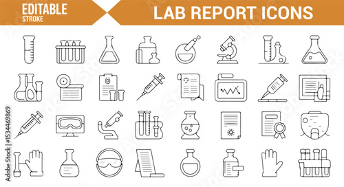 Set of laboratory report icons representing equipment, test tubes, microscopes, syringes, and research tools for scientific and medical reports.
