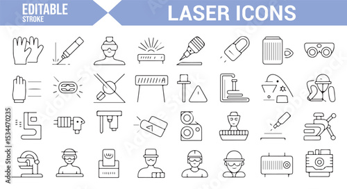 Icons representing laser systems, medical treatments, and industrial cutting tools for healthcare and technology designs.
