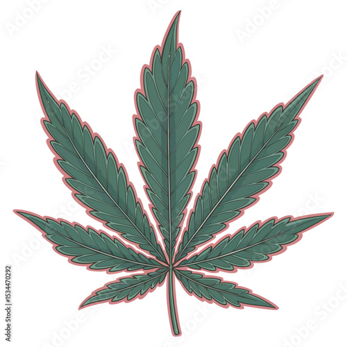 A detailed illustration of a cannabis leaf, shown with exaggerated, stylized features in a cartoon-like manner.