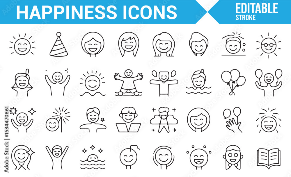 Fototapeta premium Icons depicting happiness, smiles, gifts, and party elements for celebration-themed designs.