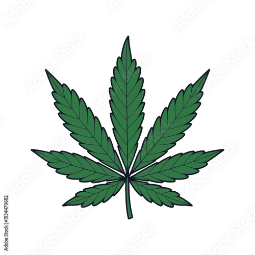 A single, vibrant green cannabis leaf with seven distinct, serrated lobes
