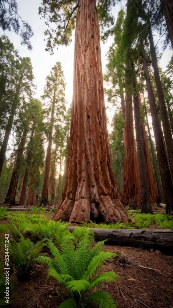 Majestic redwood tree towering skyward amongst dense forest vegetation, showcasing its enormous trunk and surrounding ferns. Majestic redwood tree towering skyward amongst dense forest vegetation, showcasing its enormous trunk and surrounding ferns.