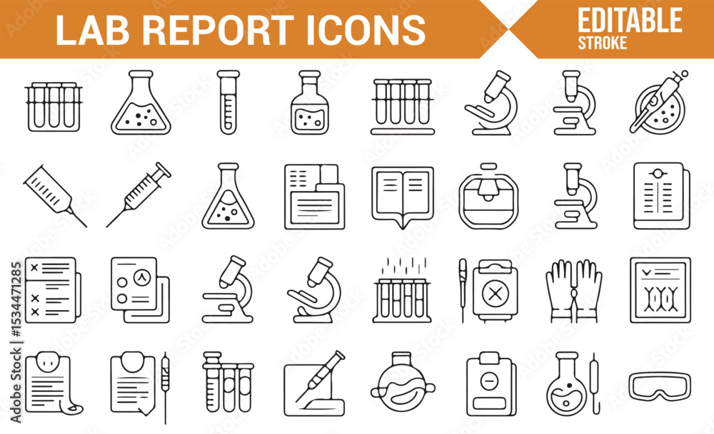 Naklejka premium Collection of scientific and laboratory equipment icons for use in educational or healthcare settings.