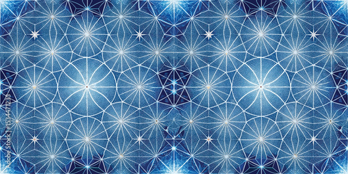 Intricate geometric pattern in blue tones with luminous stars and circular designs.