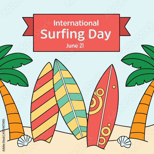 Four Colorful Surfboards Beach Scene International Surfing Day June 21