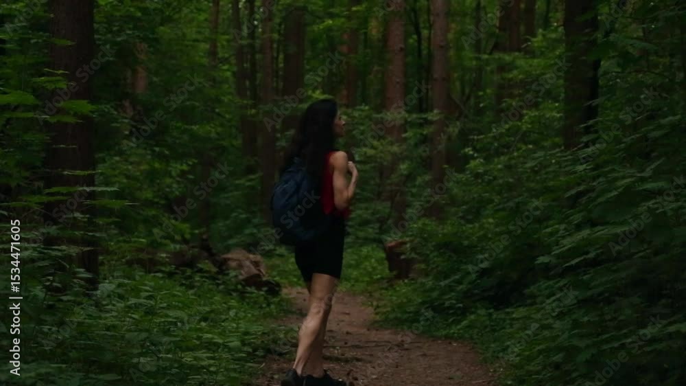 Happy woman walking on path in a green forest alone and loud shouting with backpack. Sport girl hiking in summer wood on trees on sun day with natural birds singing. Person coming in bright dress Happy woman walking on path in a green forest alone and loud shouting with backpack. Sport girl hiking in summer wood on trees on sun day with natural birds singing. Person coming in bright dress