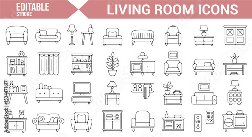 Collection of home furniture icons representing sofas, TV units, bookshelves, and decorative items for living room setups.
