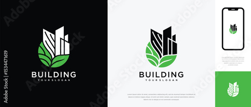 Nature real estate building logo design. Nature building house and leaf logo icon