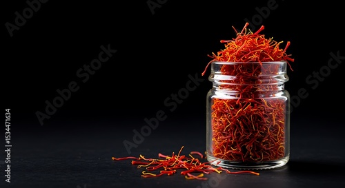 Glass jar filled with bright red saffron strands on dark background  