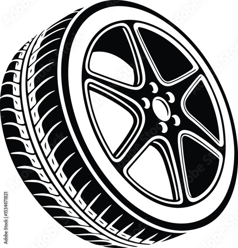 Car Tire Vector Silhouette Illustration, Black Auto Wheel Outline Clipart, Spoked Car Rim Vector Drawing, Vehicle Tire Icon.