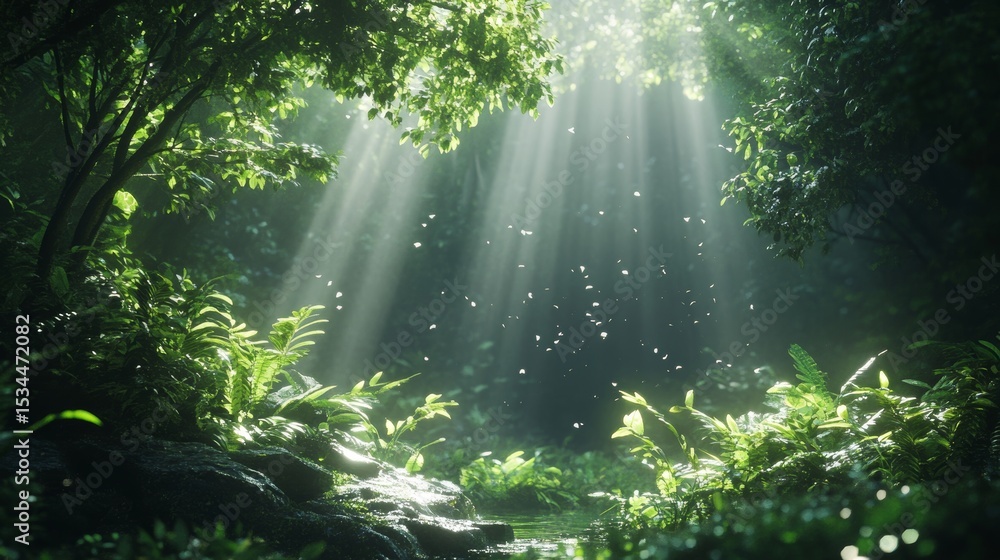 Obraz premium Sunlight Filters Through a Dense Forest Canopy, Illuminating Ferns and Undergrowth in a Serene Natural Setting