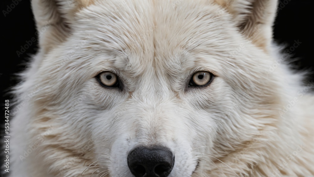 Obraz premium Close-Up Portrait of Majestic White Wolf with Piercing Eyes, Captivating close-up of a white wolf with sharp details showcasing its mesmerizing eyes. 