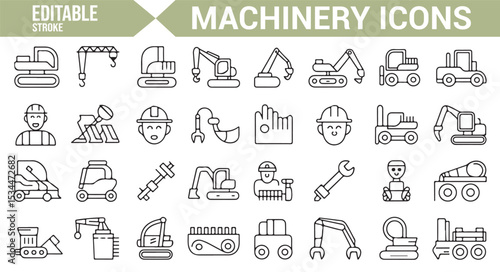 Icons for construction, machinery, and industrial equipment, including excavators, cranes, and worker tools.