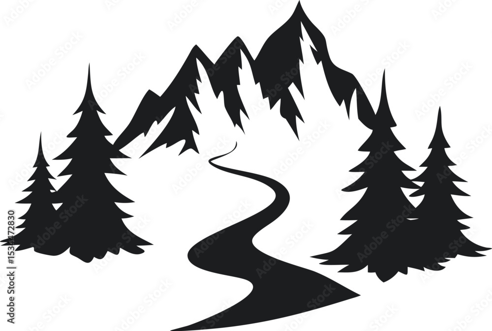Obraz premium A stylized black and white illustration of a mountainous landscape, featuring several peaks of varying heights.