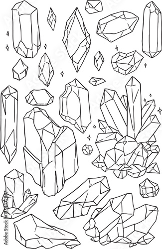 collection of hand-drawn outline illustrations featuring various natural crystal formations and raw gemstones. Perfect for projects related to geology, spirituality, magic, healing.