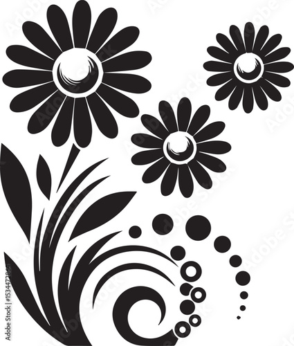 Black and white floral design with daisies leaves and swirling dots in an abstract arrangement