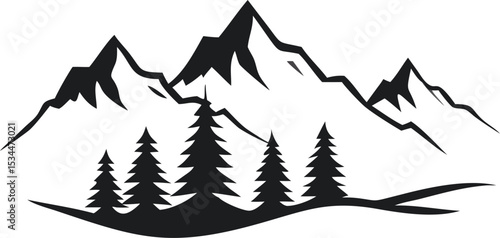 A stylized black and white illustration of a mountainous landscape, featuring several peaks of varying heights.