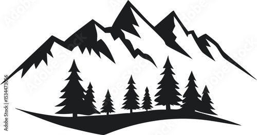 A stylized black and white illustration of a mountainous landscape, featuring several peaks of varying heights.