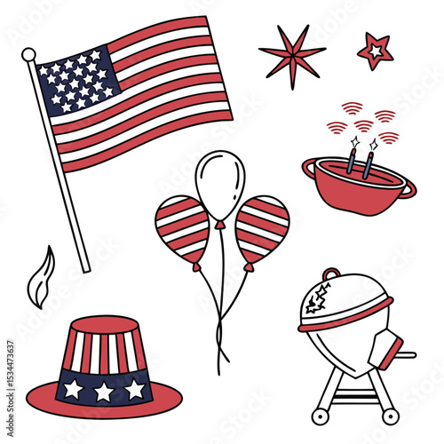 Fourth of July Vector Icon Set Red White Blue Balloons Flag Hat Grill Fireworks