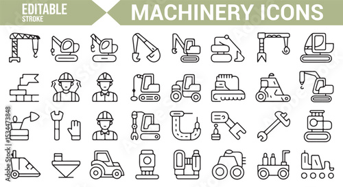 Vector icons of machinery for construction, including cranes, loaders, excavators, and industrial tools.