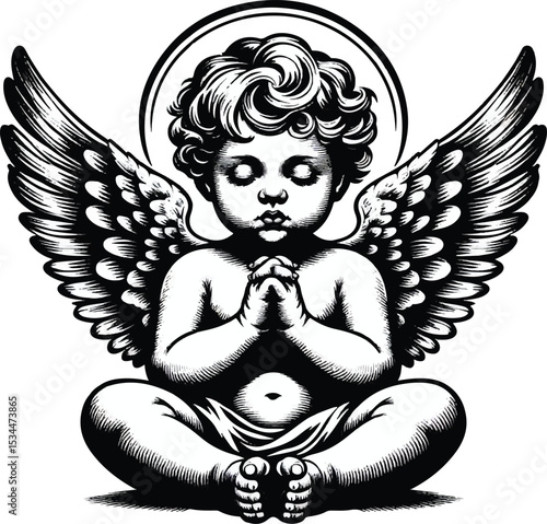 Illustration of an angel with wings praying in a seated position in black and white design style