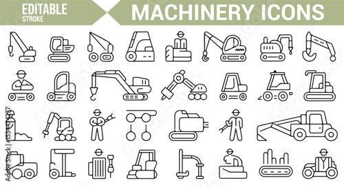 Set of construction machinery icons, featuring excavators, cranes, and heavy equipment for industrial design.