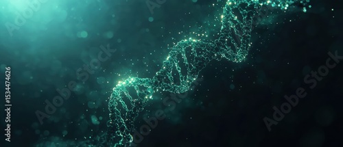 Glowing dna helix twisting in dark teal background with luminous particles
