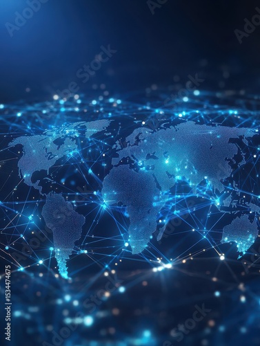 Blue digital world map with glowing network lines and data points, ideal for global communication and information technology themes