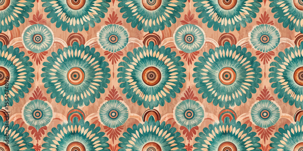 Fototapeta premium Vibrant floral pattern showcasing intricate designs in turquoise and coral hues.