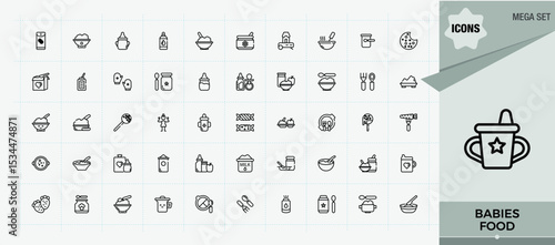 Babies Food line icon set. Minimal thin line web icons set. Featuring milk, babies product, feed, feeding, cereal, nourishment. Editable vector art and illustration. Babies Product modern icon set.