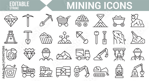 Collection of mining tools, excavation machines, and worker icons for construction and industry applications.