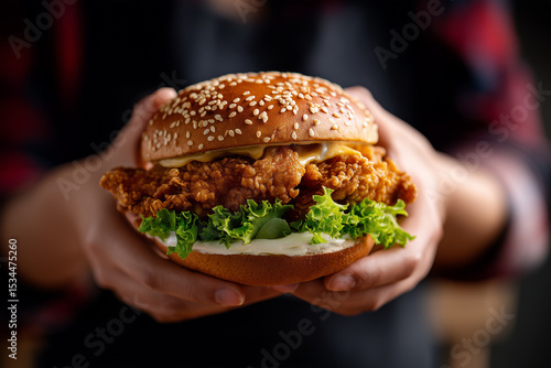 Juicy fried chicken burger held by hands in a cozy setting