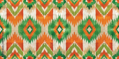 Vibrant geometric pattern in orange, green, and cream tones for textile design.