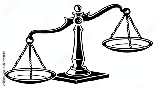 This vector illustration depicts a golden scales of justice, symbolizing law, equality, and the careful measurement of weight in legal concept