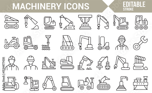 Machinery and construction vehicle icons representing industrial equipment and labor tools for engineering projects.