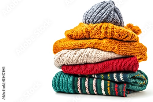 Stacked Knitted Wear Sweaters & Hat. Cozy Autumn Winter Collection on White