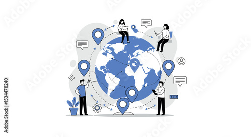 Global connectivity concept with people communicating across a world map vector illustration