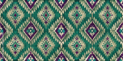 Intricate geometric pattern in green, purple, and cream tones.
