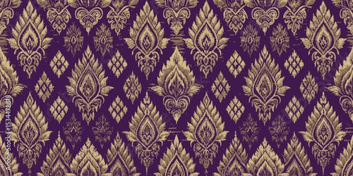 Elegant golden floral damask pattern on deep purple background.