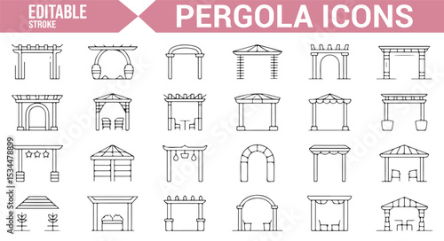 Collection of pergola and garden structure icons for outdoor living and architecture designs.

